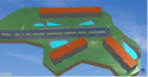 Rendu 3D: 3 bâtiments, 5 bassins d'infiltration, route avec noue en ilot central