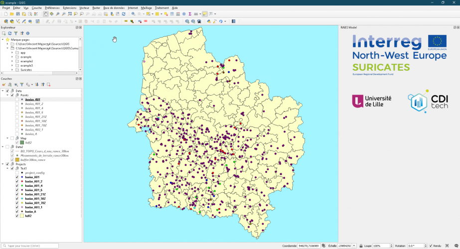 Interface QGis, carte Haut-de-France, démarrage application RAIES
